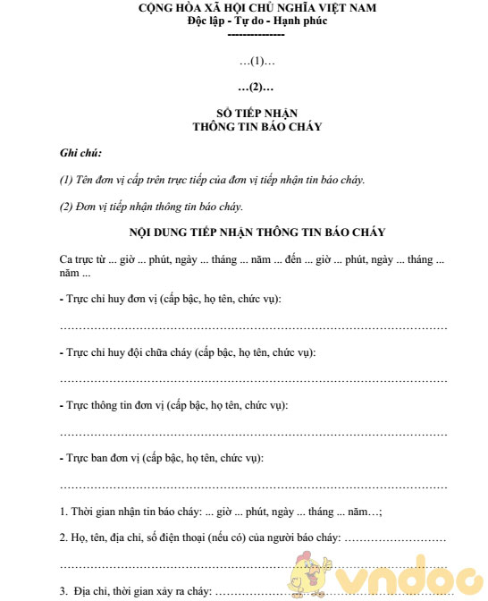 Sổ tiếp nhận thông tin báo cháy