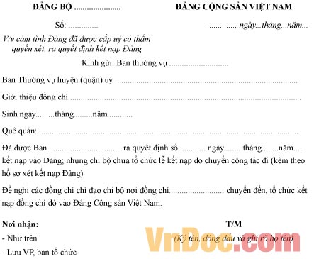 Mẫu công văn về việc cảm tình Đảng đã được cấp ủy có thẩm quyền xét ra quyết định kết nạp