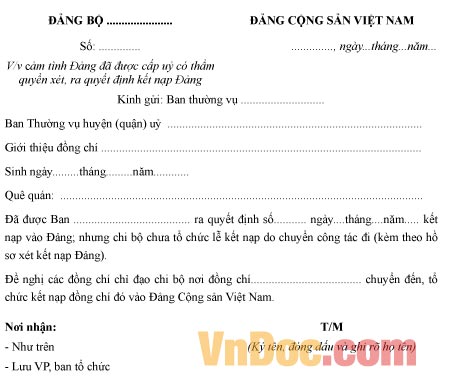 Mẫu công văn về việc cảm tình Đảng đã được chi bộ làm thủ tục đề nghị kết nạp Đảng