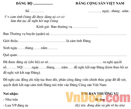 Mẫu công văn về việc cảm tình Đảng đã được Đảng ủy cơ sở làm thủ tục kết nạp