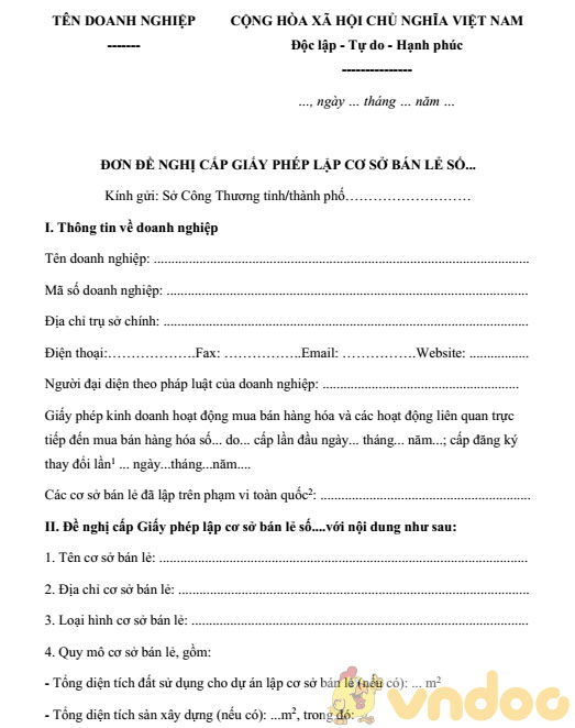 Đơn đề nghị cấp Giấy phép lập cơ sở bán lẻ