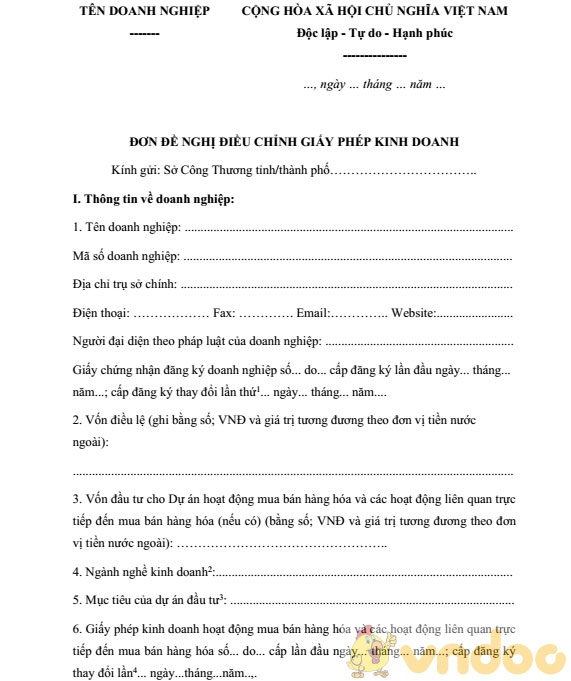 Đơn đề nghị điều chỉnh giấy phép kinh doanh