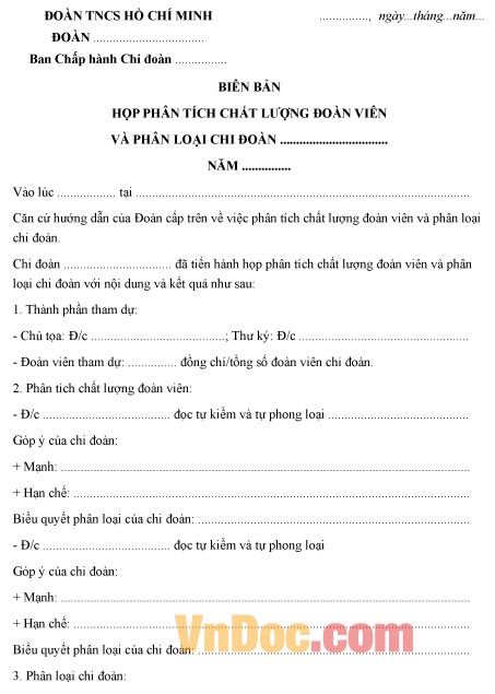 Mẫu biên bản họp phân tích chất lượng đoàn viên và phân loại chi đoàn