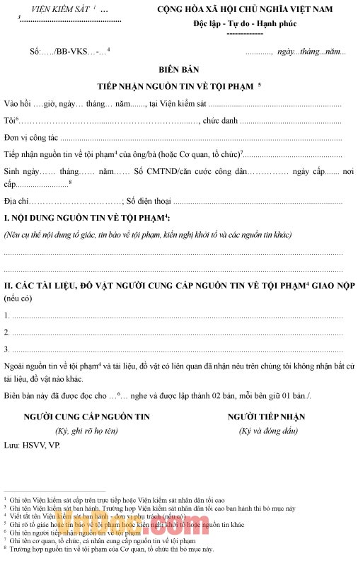 Mẫu biên bản ghi chép về việc tiếp nhận nguồn tin về tội phạm