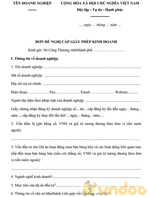 Đơn đề nghị cấp giấy phép kinh doanh