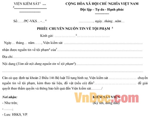 Mẫu phiếu chuyển nguồn tin về tội phạm