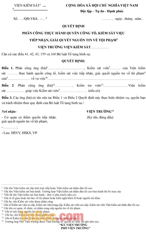 Mẫu quyết định phân công thực hành quyền công tố giải quyết nguồn tin tội phạm
