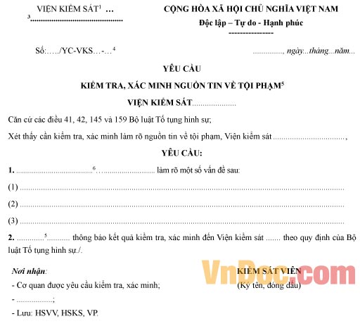 Mẫu yêu cầu kiểm tra, xác minh nguồn tin về tội phạm