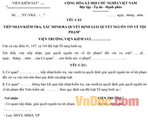 Mẫu yêu cầu kiểm tra, xác minh quyết định giải quyết nguồn tin tội phạm