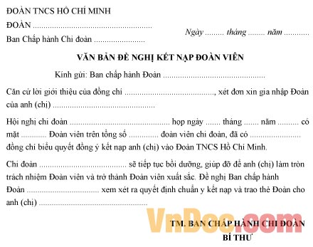 Mẫu văn bản đề nghị kết nạp đoàn viên mới của Ban Chấp hành chi đoàn