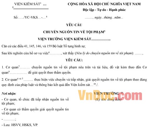 Mẫu yêu cầu chuyển nguồn tin về tội phạm