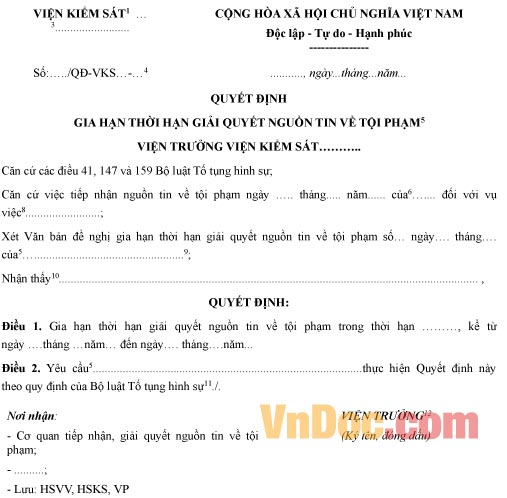 Mẫu quyết định gia hạn thời hạn giải quyết nguồn tin về tội phạm