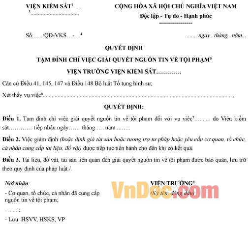 Mẫu quyết định tạm đình chỉ việc giải quyết nguồn tin tội phạm