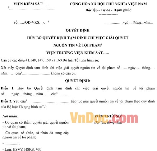 Mẫu quyết định hủy bỏ quyết định tạm đình chỉ giải quyết nguồn tin tội phạm