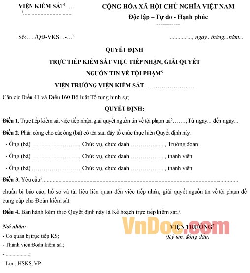 Mẫu quyết định trực tiếp kiểm sát tiếp nhận, giải quyết nguồn tin tội phạm