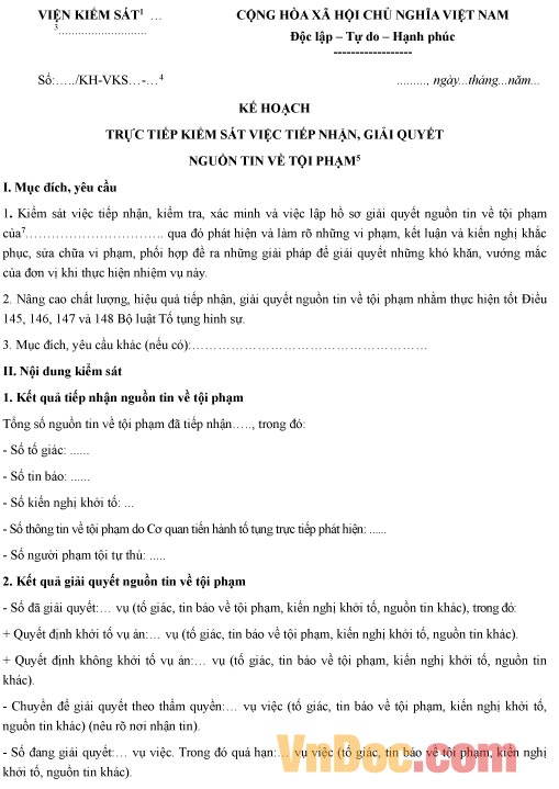Mẫu kế hoạch trực tiếp kiểm sát việc tiếp nhận, giải quyết nguồn tin tội phạm