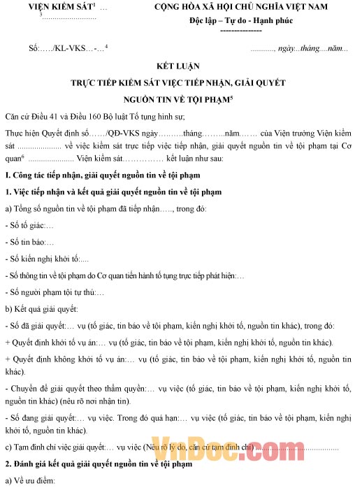 Mẫu kết luận trực tiếp kiểm sát việc tiếp nhận, giải quyết nguồn tin tội phạm