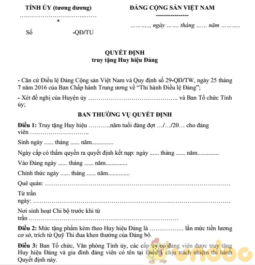 Mẫu quyết định truy tặng huy hiệu Đảng