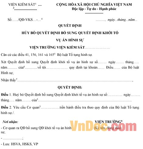Mẫu quyết định hủy bỏ quyết định bổ sung quyết định khởi tố vụ án hình sự
