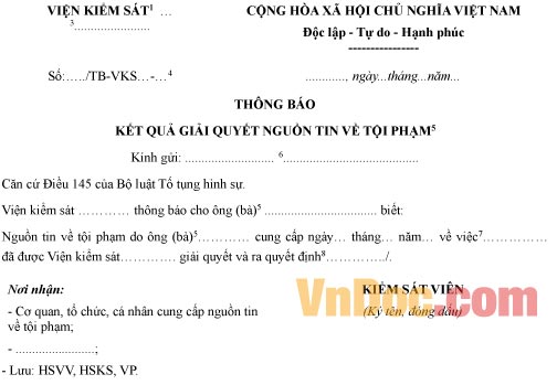 Mẫu thông báo kết quả giải quyết nguồn tin tội phạm