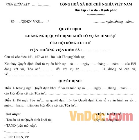 Mẫu quyết định kháng nghị quyết định khởi tố vụ án hình sự