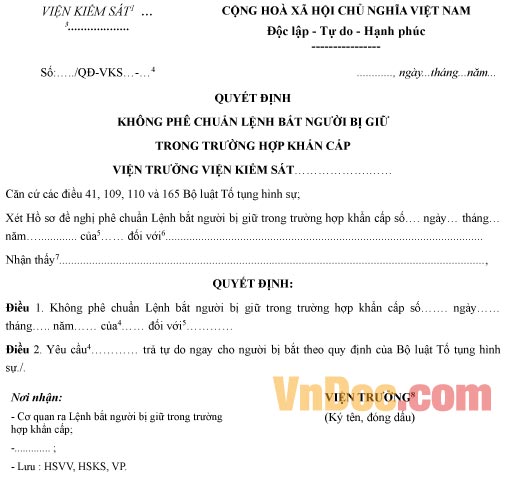 Mẫu quyết định không phê chuẩn lệnh bắt người bị giữ trong trường hợp khẩn cấp