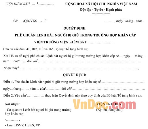 Mẫu quyết định phê chuẩn lệnh bắt người bị giữ trong trường hợp khẩn cấp