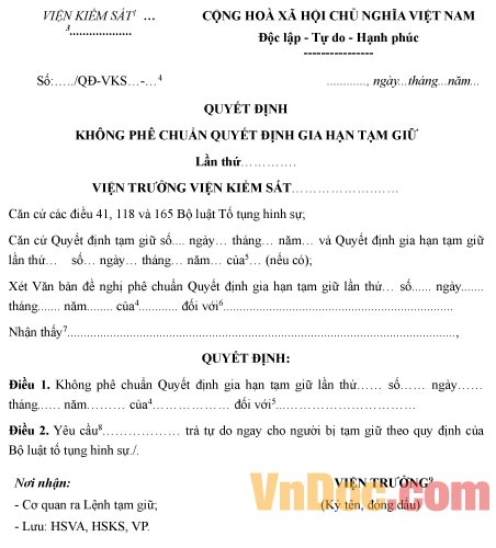 Mẫu quyết định không phê chuẩn quyết định gia hạn tạm giữ