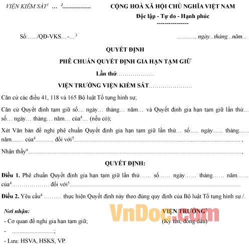 Mẫu quyết định phê chuẩn quyết định gia hạn tạm giữ