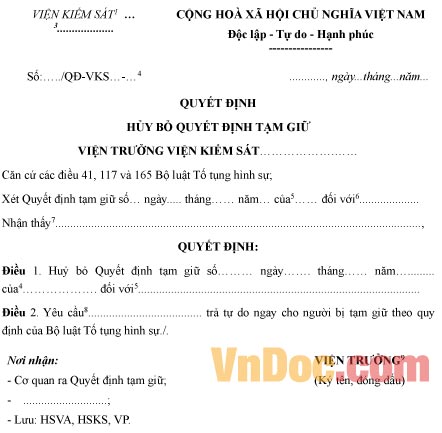 Mẫu quyết định hủy bỏ quyết định tạm giữ