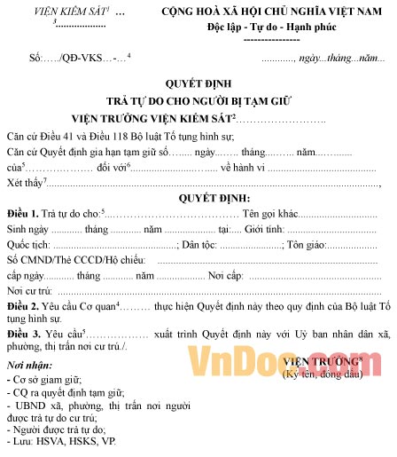 Mẫu quyết định trả tự do cho người bị tạm giữ