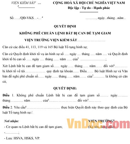 Mẫu quyết định không phê chuẩn lệnh bắt bị can để tạm giam