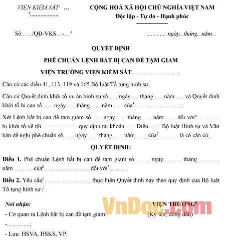 Mẫu quyết định phê chuẩn lệnh bắt bị can để tạm giam