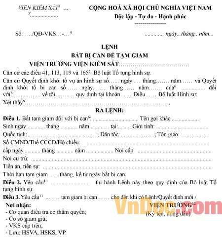 Mẫu lệnh bắt bị can để tạm giam