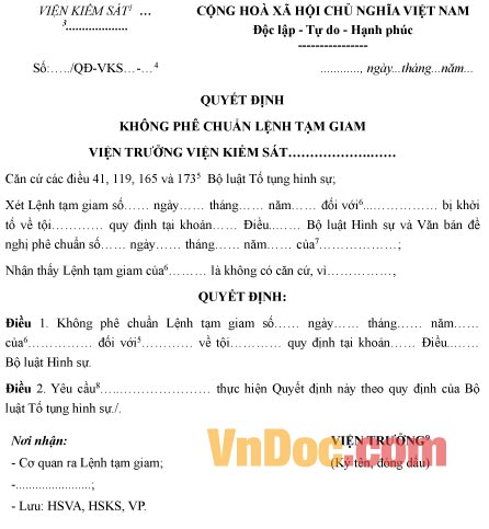 Mẫu quyết định không phê chuẩn lệnh tạm giam