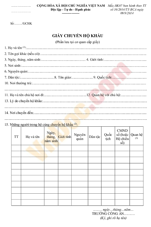 Mẫu giấy chuyển hộ khẩu