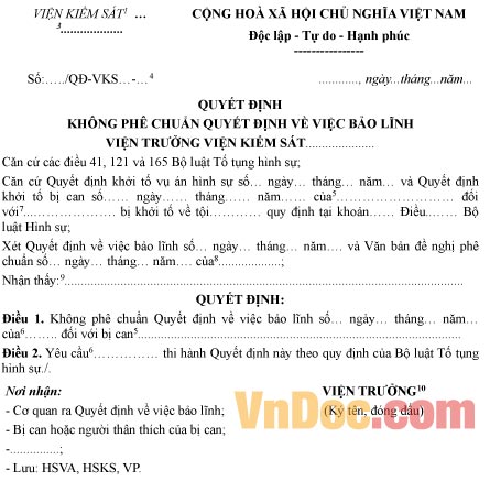 Mẫu quyết định không phê chuẩn quyết định về việc bảo lĩnh