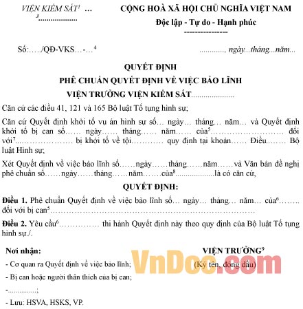 Mẫu quyết định phê chuẩn quyết định về việc bảo lĩnh