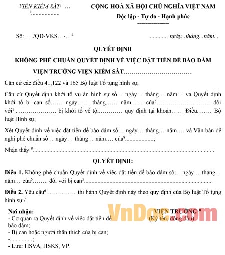Mẫu quyết định không phê chuẩn quyết định đặt tiền bảo đảm