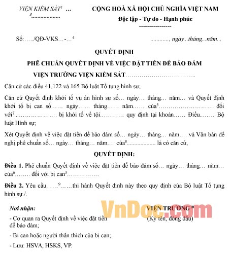 Mẫu quyết định phê chuẩn quyết định đặt tiền bảo đảm