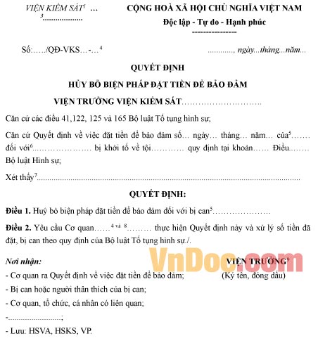 Mẫu quyết định hủy bỏ biện pháp đặt tiền để bảo đảm