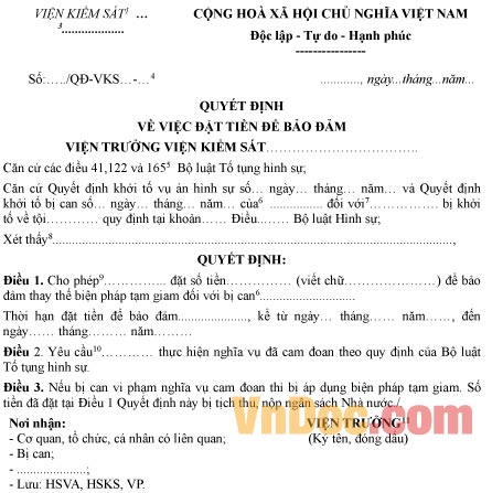 Mẫu quyết định về việc đặt tiền để bảo đảm