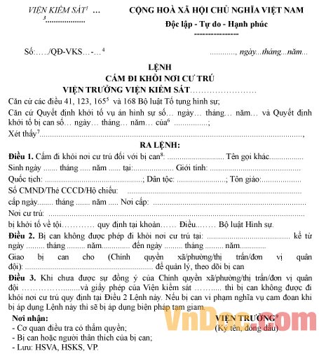 Mẫu lệnh cấm đi khỏi nơi cư trú