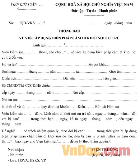 Mẫu thông báo áp dụng biện pháp cấm đi khỏi nơi cư trú