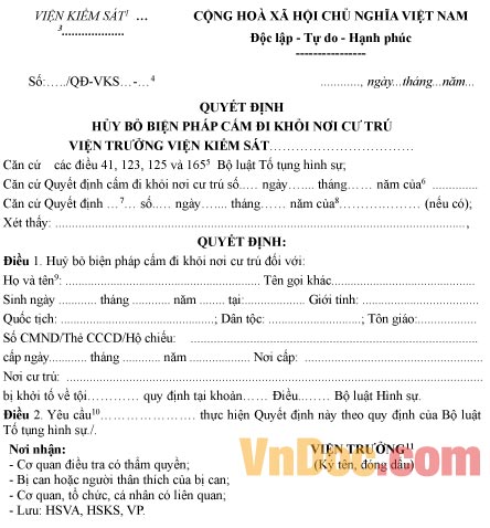 Mẫu quyết định hủy bỏ biện pháp cấm đi khỏi nơi cư trú