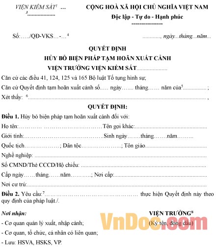 Mẫu quyết định hủy bỏ biện pháp tạm hoãn xuất cảnh