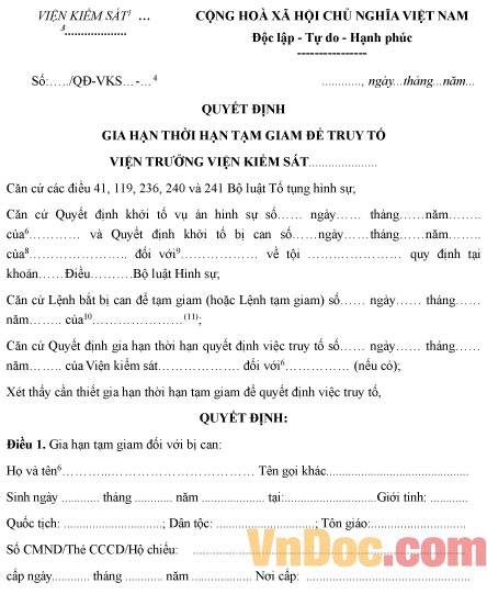 Mẫu quyết định gia hạn thời hạn tạm giam để truy tố