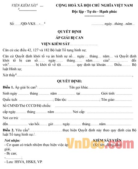 Mẫu quyết định áp giải bị can