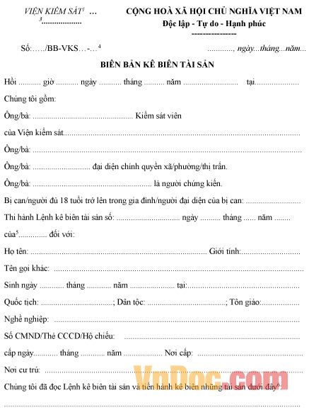 Mẫu biên bản kê biên tài sản