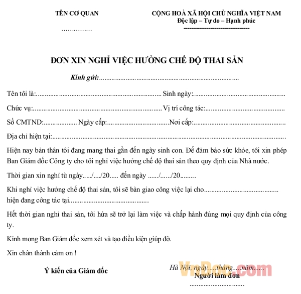 Mẫu đơn xin nghỉ việc hưởng chế độ thai sản